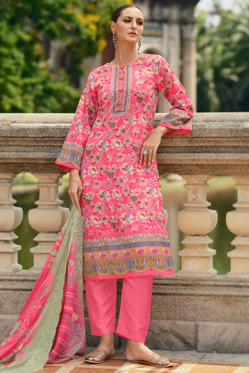 Punch Pink Cotton Trouser Suit With Printed For Festival