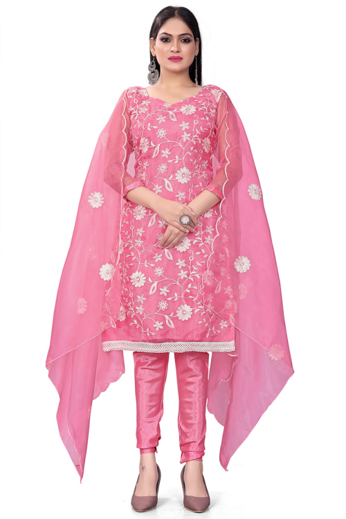 Punch Pink Embroidered Casual Wear Organza Churidar Suit 