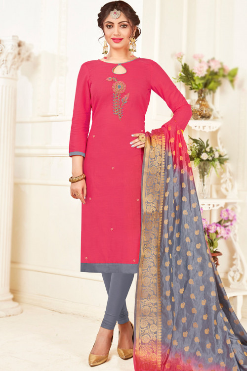 Punch Pink Embroidered Cotton Casual Wear Churidar Suit 