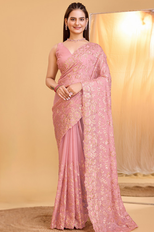 Punch Pink Organza Sequins Embroidered Saree For Sangeet 