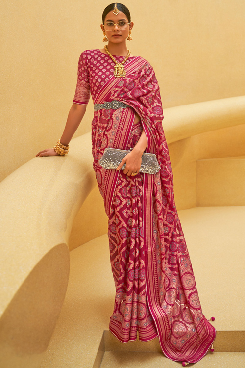 Organza Saree with Zari Embroidery in Punch Pink for Wedding 