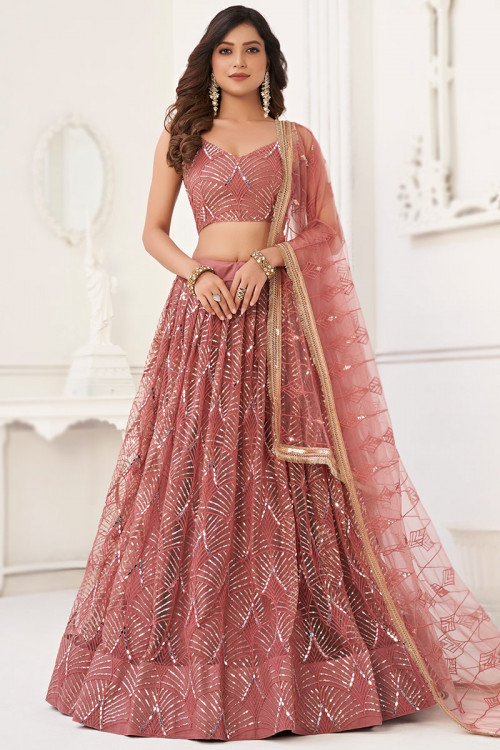Punch Pink Sequins Embroidered Flared Style Net Lehenga