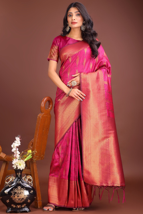 Punch Pink Silk Blend Saree with Weaved Work For Diwali 