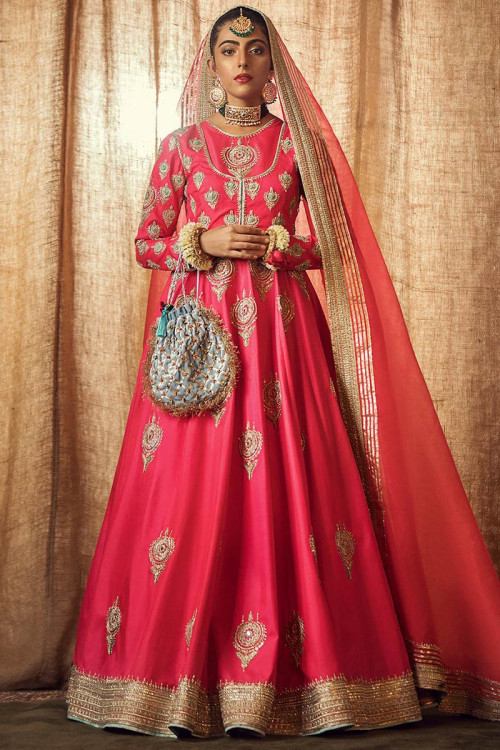 Punch Pink Silk Embroidered Pakistani Anarkali Suit