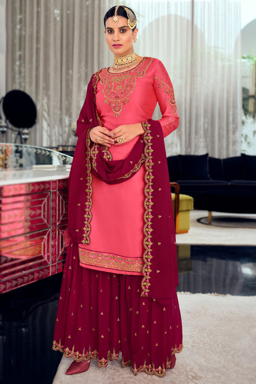Punch Pink Silk Embroidered Sharara Suit