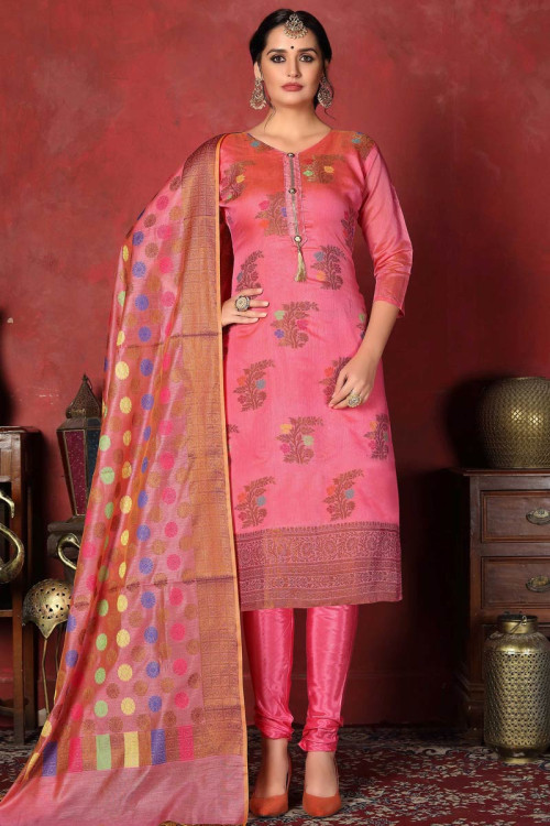 Punch Pink Silk Churidar Suit with Zari Work
