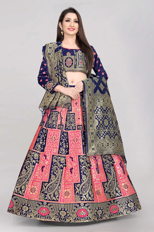 Punch Pink Silk Woven Lehenga