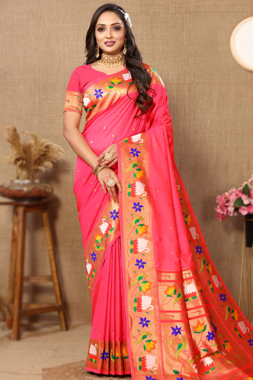 Punch Pink Soft Silk Paithani Saree With Weaved Work