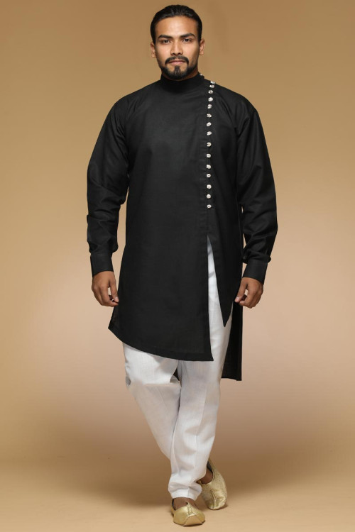 Pure Black Kurta Pajama With Traditional Design for Eid Festival