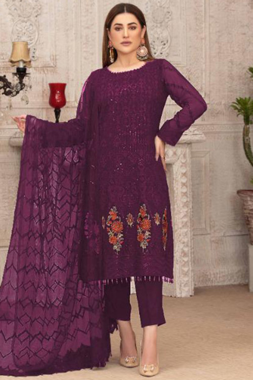 Pure Purple Georgette Embroidered Trouser Suit