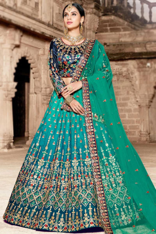 Teal Blue Satin Embroidered Lehenga