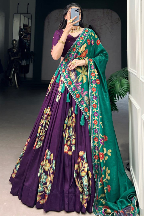 Purple A Line Silk Blend Printed Lehenga For Festival 