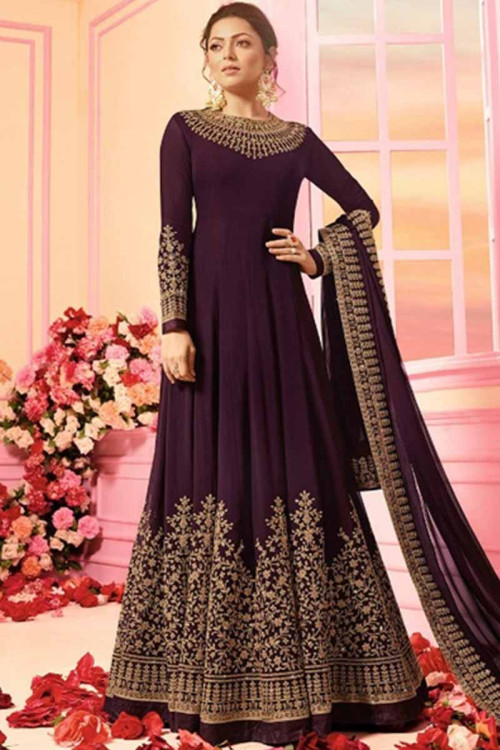 Elegant Net Anarkali Suit In Purple Color 