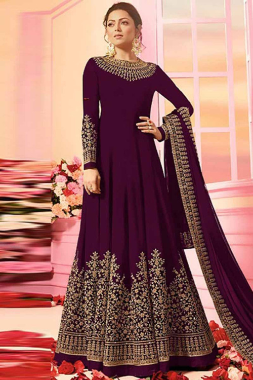 Lovely Purple Net Anarkali Suit With Resham Work