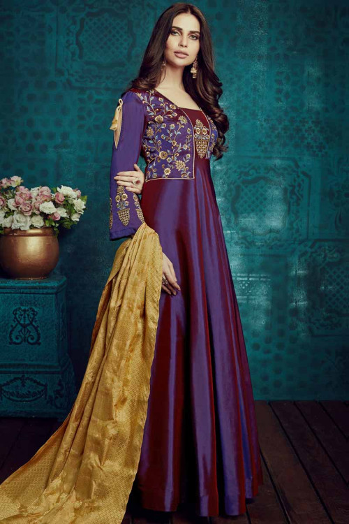 Purple Silk Embroidered Anarkali Suit