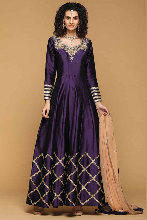 Purple Taffeta Embroidered Anarkali Suit