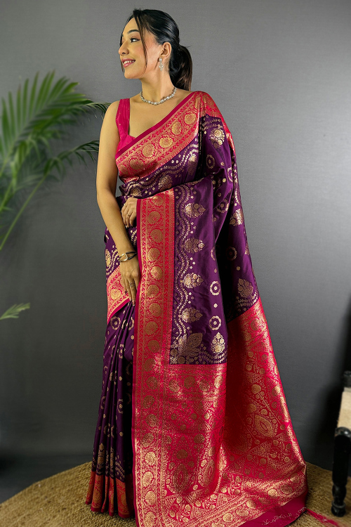 Purple Art Silk Broad Border Saree With Weaved Work