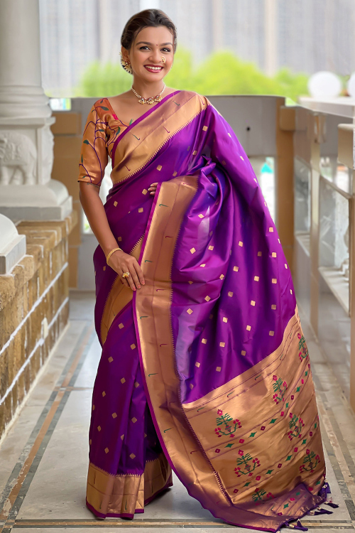 Purple Art Silk Paithani Saree With Weaved Work For Festival 