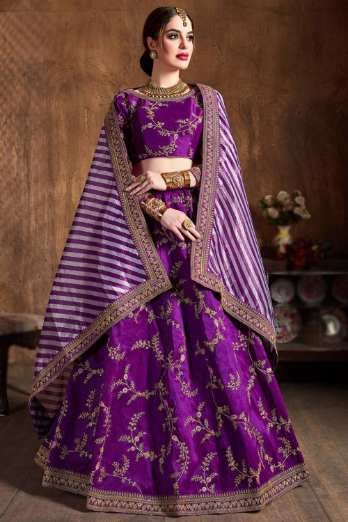 Purple Art Silk Resham Embroidered Panelled Lehenga
