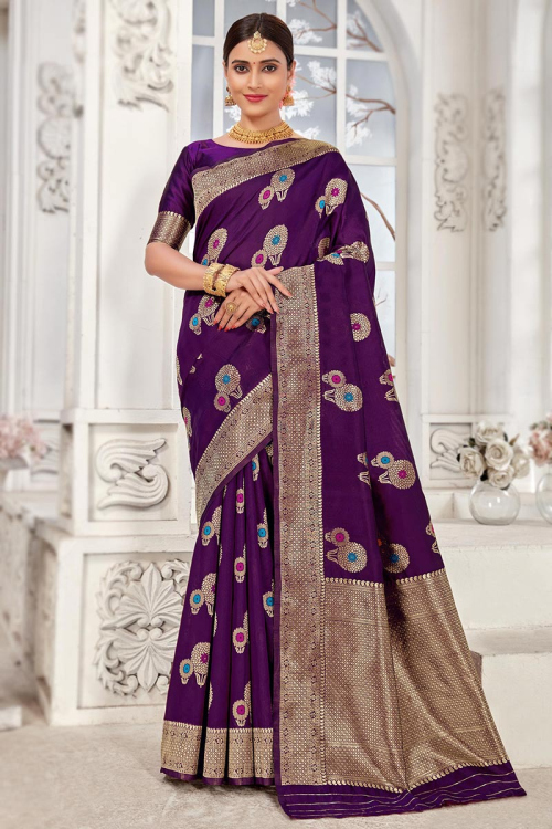 Saree for Party Wear in Banarasi Silk Purple with Zari Embroidery
