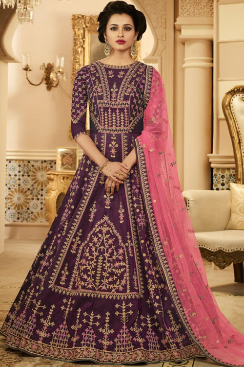 Purple Banglori Silk Wedding Wear Anarkali Suit