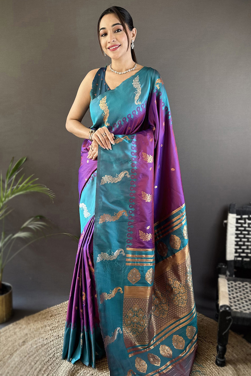 Purple Broad Border Art Silk Saree With Weaved Work