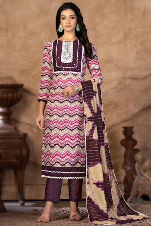Purple Casual Wear Printed Cotton Trouser Suit 