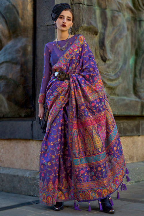 Purple Chanderi Silk Weaved Thread Broad Border Saree 