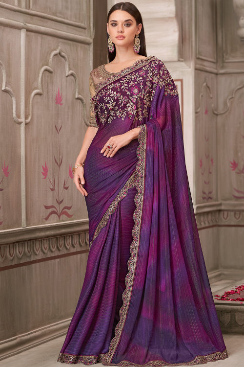 Purple Chiffon Embroidered Fancy Saree