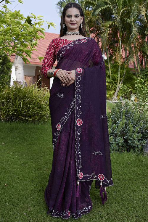 Purple Chiffon Saree With Stone Work For Festival
