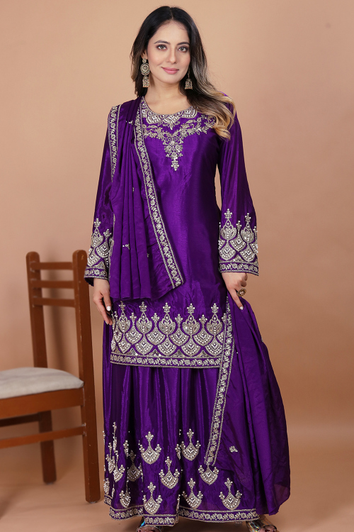 Purple Chinnon Sharara Suit With Dori Work For Festival