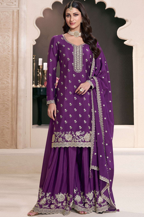 Purple Chinnon Sharara Suit With Sequins Work For Diwali