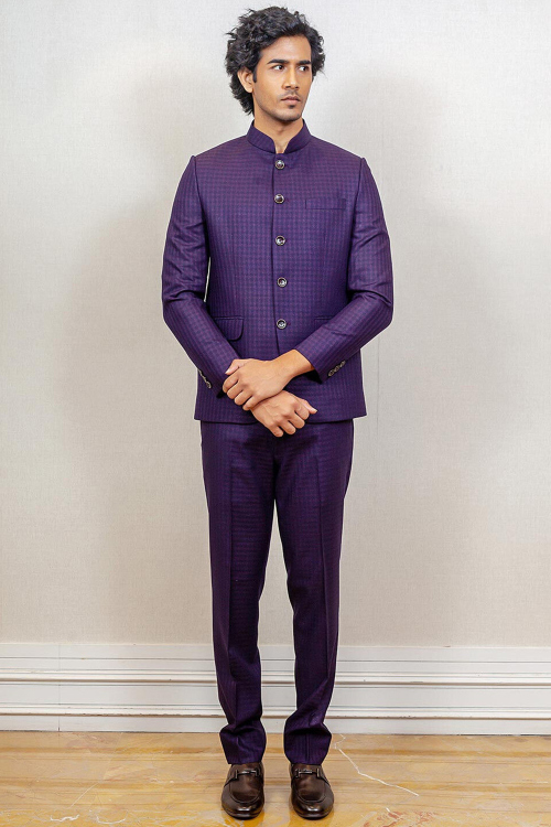 Purple Cotton Printed Jodhpuri Style Men's Coat Pant