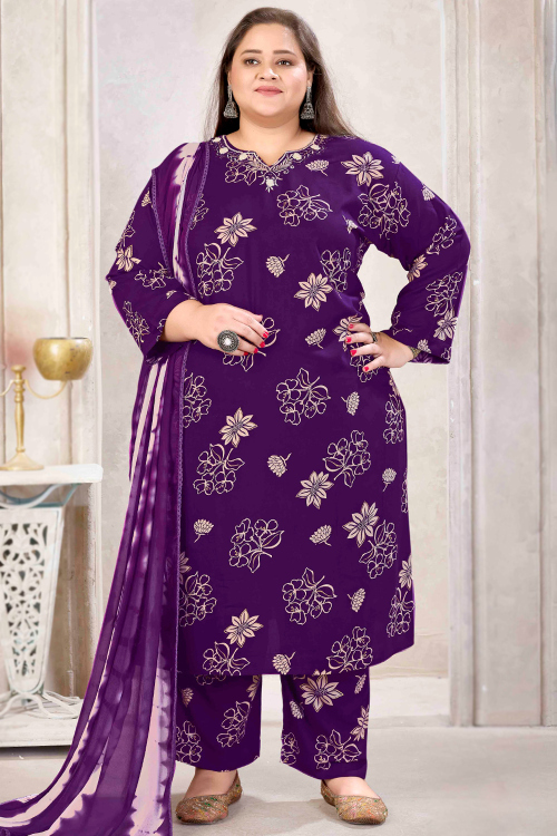Purple Cotton Printed Straight Cut Trouser Suit
