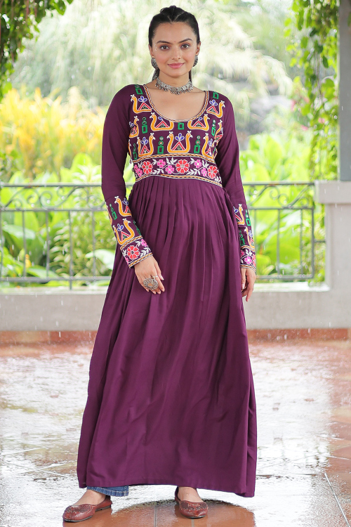 Purple Cotton Silk Resham Thread Kurti For Navratri