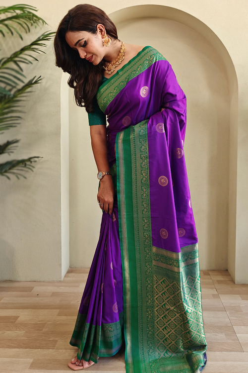 Purple Cotton Silk Weaved Broad Border Saree 