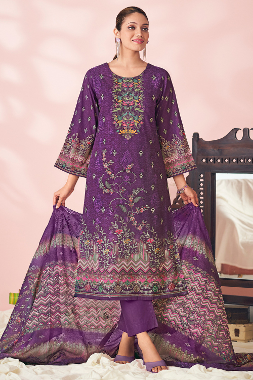 Purple Cotton Straight Pants Suit With Printed Work