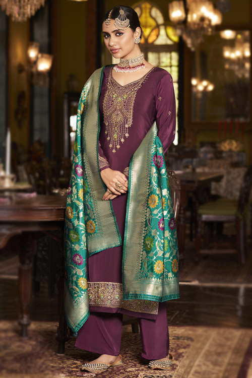 Purple Crepe Embroidered Straight Cut Suit