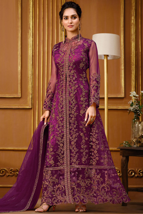 Purple Crepe Trouser Suit with Net Embroidered Jacket