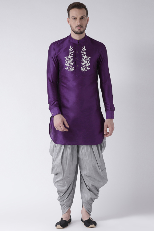 Purple Dupion Silk Embroidered Straight Cut Men's Kurta