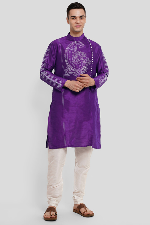Purple Dupion Silk Foil Printed Straight Cut Men's Kurta Churidar