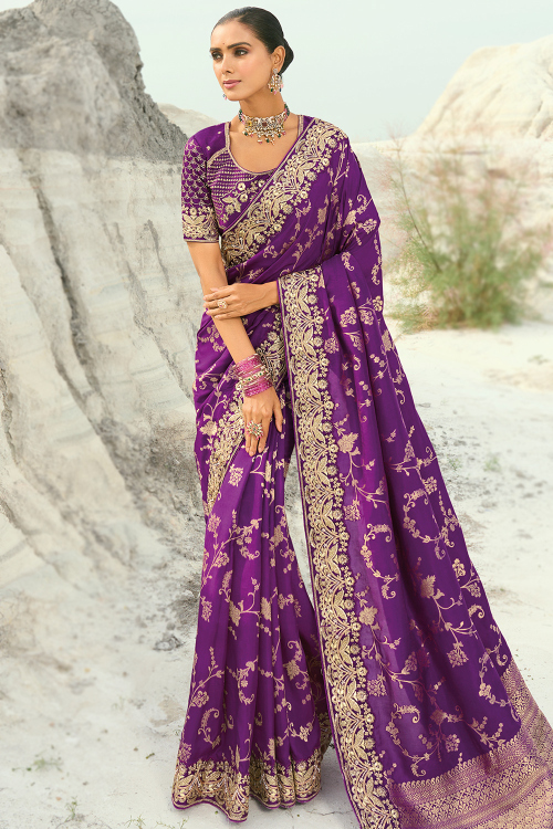 Purple Georgette Broad Border Saree With Weaved Work For Festival