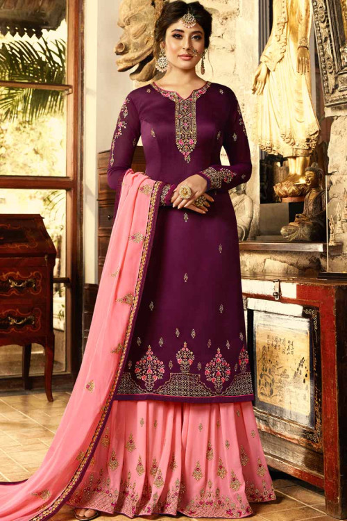 Purple Georgette Embroidered Sharara Suit