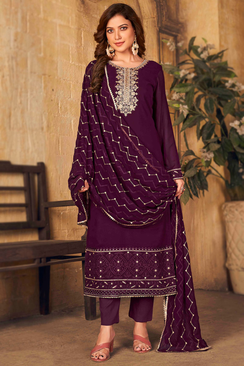 Trouser Suit in Purple Georgette for Party Wear with Zari Work