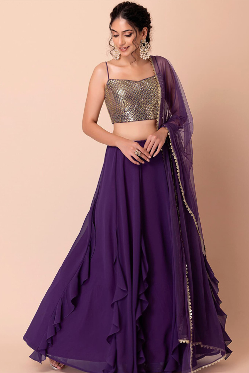Purple Georgette Lehenga with Sequins Work for Diwali 