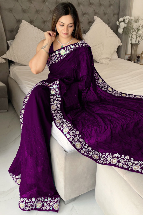 Purple Georgette Saree With Sequins Work For Festival 