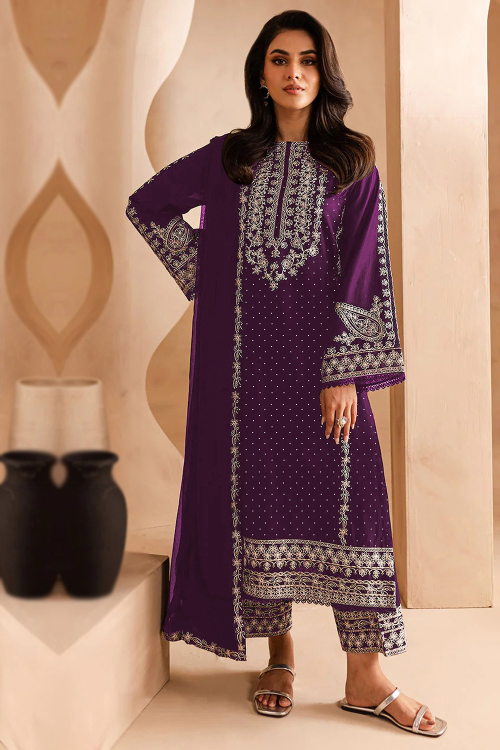 Purple Georgette Straight Pant Suit with Zari Work for Diwali