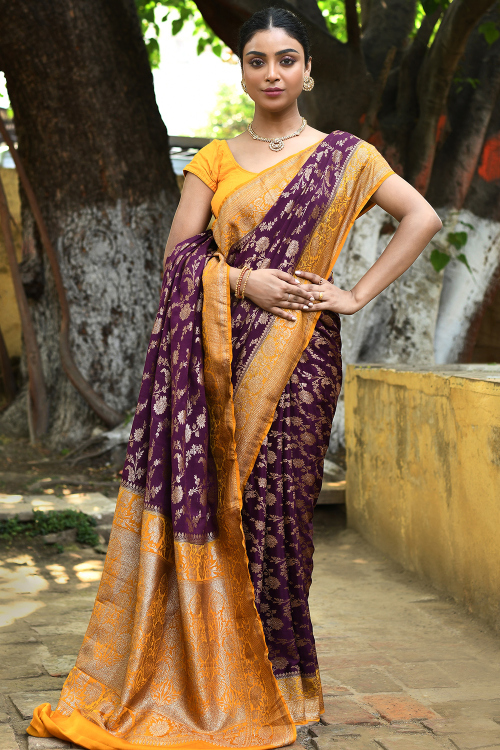 Purple Georgette Woven Zari Broad Border Saree 