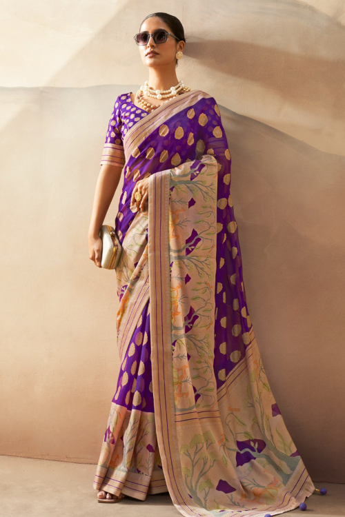 Purple Georgette Woven Zari Light Weight Saree