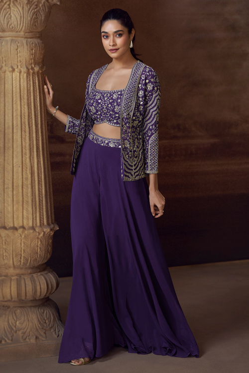 Purple Georgette Zari Embroidered Indo Western Palazzo Suit 